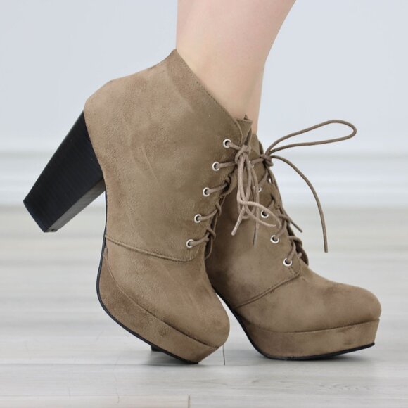 Womens Ankle Boots Lace Up Block Heel Booties Taupe Brown Suede - Picture 9 of 11